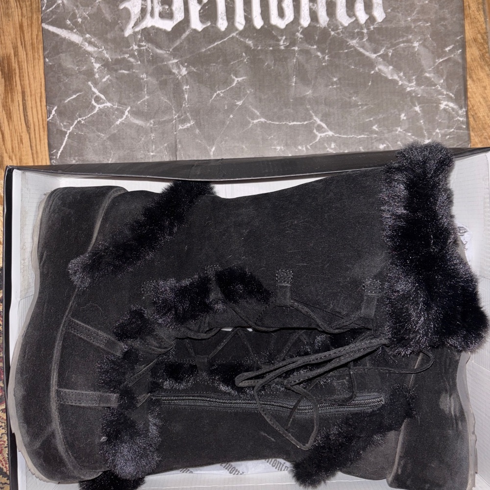 Demonia Black Faux Fur Lace-Up Boots